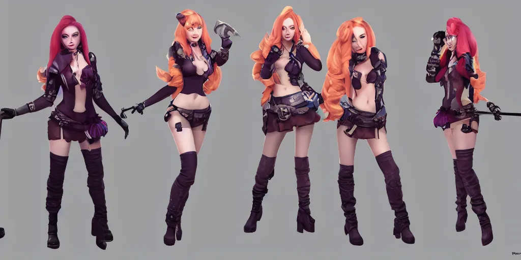 Prompt: character sheet of Sophie Turner dressed as miss fortune as a character in the game League of Legends, with a background based on the game League of Legends, 3d render, octane render, iRay, ray tracing, realistic, highly detailed, trending on artstation, 4k, cgsociety, unreal engine 5, redshift render, blender cycles, behance, cg