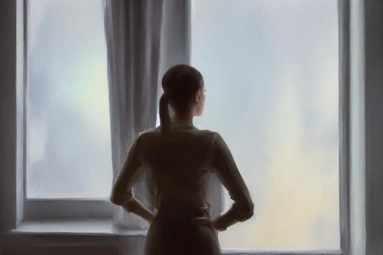 Image similar to a painting of a woman staring out a foggy window in a suburban home by jama jurabaev, cinematic shot, trending on artstation, high quality, ultra realistic