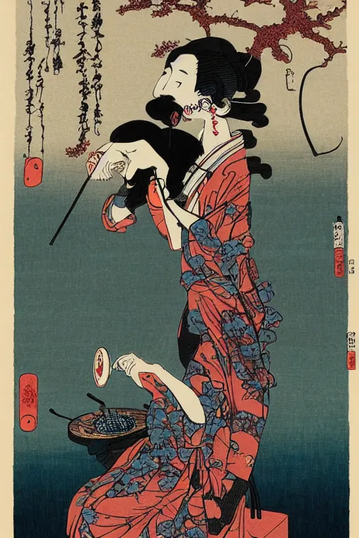 Image similar to a goddess with headphones enjoying music and smoking a cigarette, in a silent disco rave, by katsushika hokusai, by ralph steadman, storybook illustration, cool color palette, in a symbolic and meaningful style, single figure