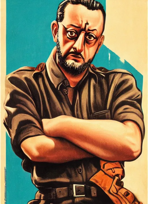 Image similar to Portrait Jean Reno gesture,look of hate, threatening pose, 1940s propaganda poster, full hd,highly detailed