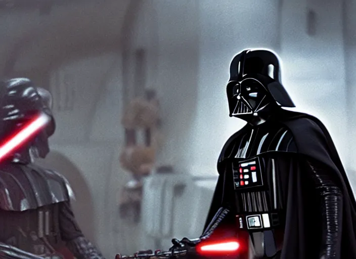 Image similar to film still of Darth Vader goes grocery shopping in the new Star Wars movie, 4k