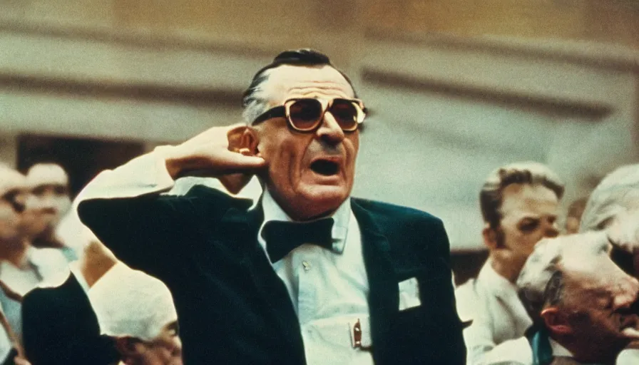 Prompt: 60s movie still close portrait of Josip Broz Tito yelling loud at the soviet congress tribune, cinestill 800t 120mm eastmancolor, cinematic, very detailed, skin texture, high quality