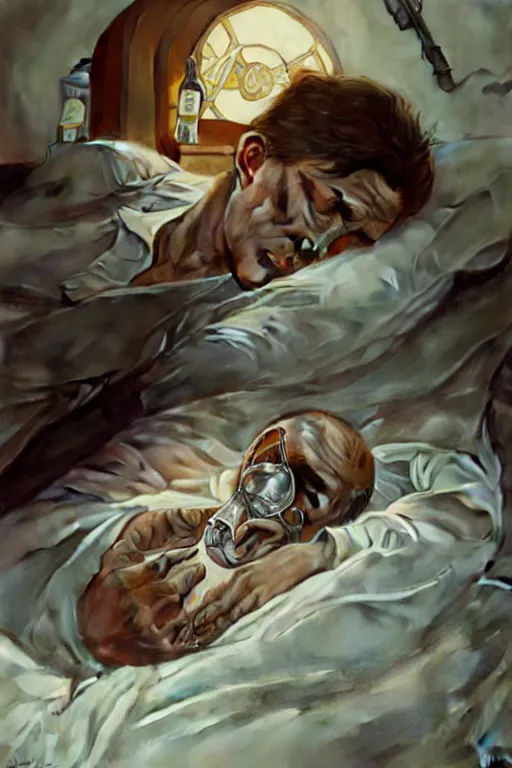 Image similar to Putin sleeps with oxygen mask on a death bed, intricate, portrait, miserable, highly detailed, digital painting, artstation, concept art, smooth, sharp focus, illustration, cinematic lighting, art by artgerm and greg rutkowski and alphonse mucha