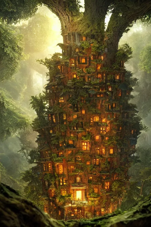 Image similar to a miniature city built into the trunk of a single colossal tree in the forest, with tiny people, in the style of craig mullins, lit windows, close - up, low angle, wide angle, awe - inspiring, highly detailed digital art