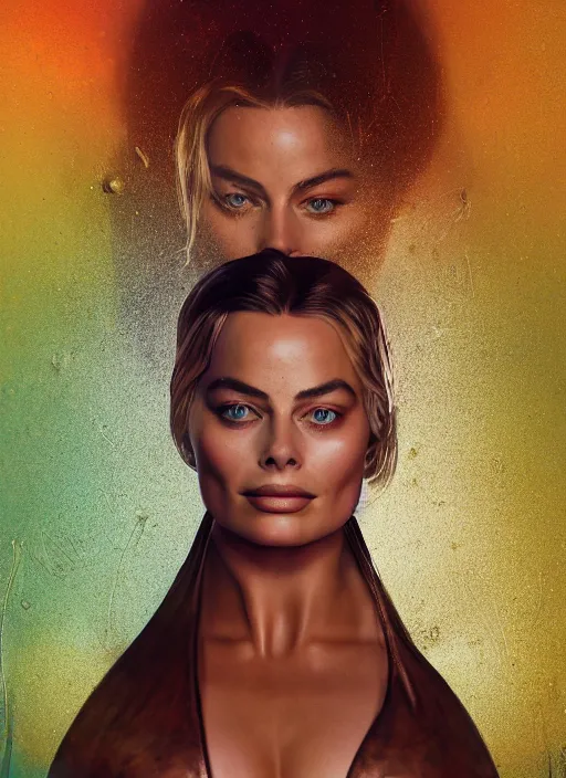 Image similar to detailed Illustration of stunning Margot Robbie in a Solarpunk leather robe, abstract sun in background, accurate anatomy, full body portrait, shiny soft skin, soft lighting, sharp details, warm colors, studio portrait, 35 mm film, subsurface scattering, lens flare
