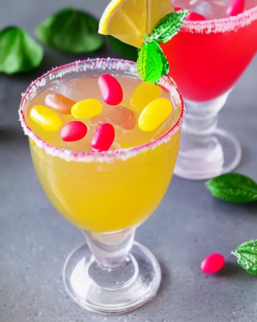 Prompt: Jelly beans floating in lemonade, sour citrus candy cocktail