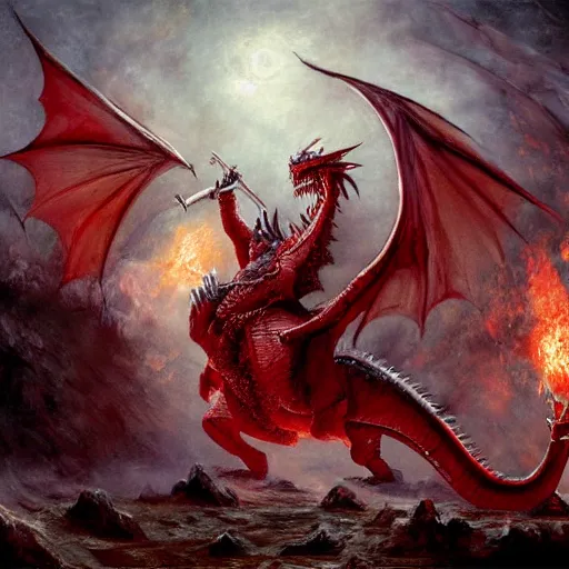 Prompt: epic fantasy painting of red dragon breathing fire towards knight, by john avon, by seb mckinnon, high detail, fantasy battle