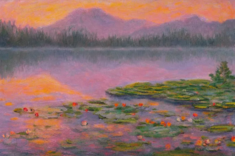 Image similar to impressionism painting of a pond of water lily on a foggy morning, sun low on horizon through snow capped mountains, soft light, misty