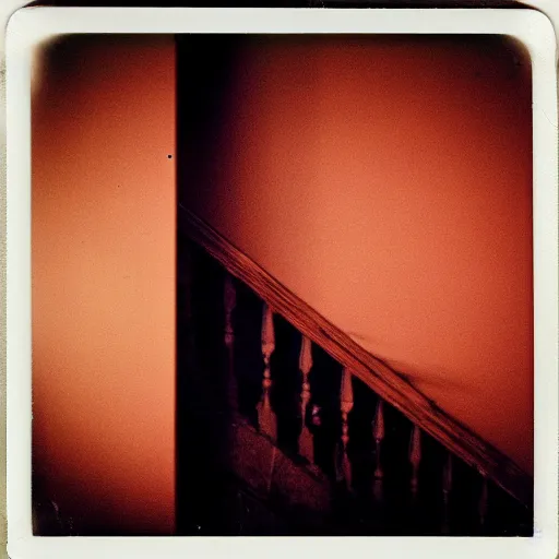 Prompt: a replicant at the top of a dark stairwell, abandoned, creepy, eerie, scary, old polaroid, expired film, out or focus,