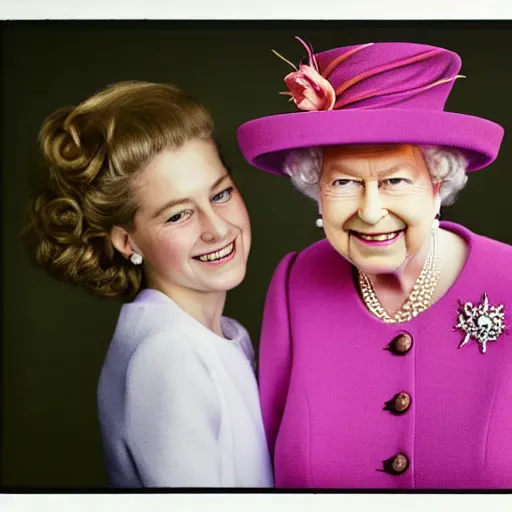 Image similar to A portrait photo of queen elizabeth teams up with a teenage queen elizabeth, perfect faces, 50 mm, award winning photography