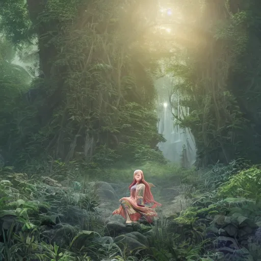 Image similar to breathtaking portrait of fantasy sorceress bright temple surrounded by lush forest meadow, by Hsiao-Ron Cheng and James jean and Miho Hirano and Hayao Miyazaki, octane render, RPG portrait, ambient light, dynamic lighting