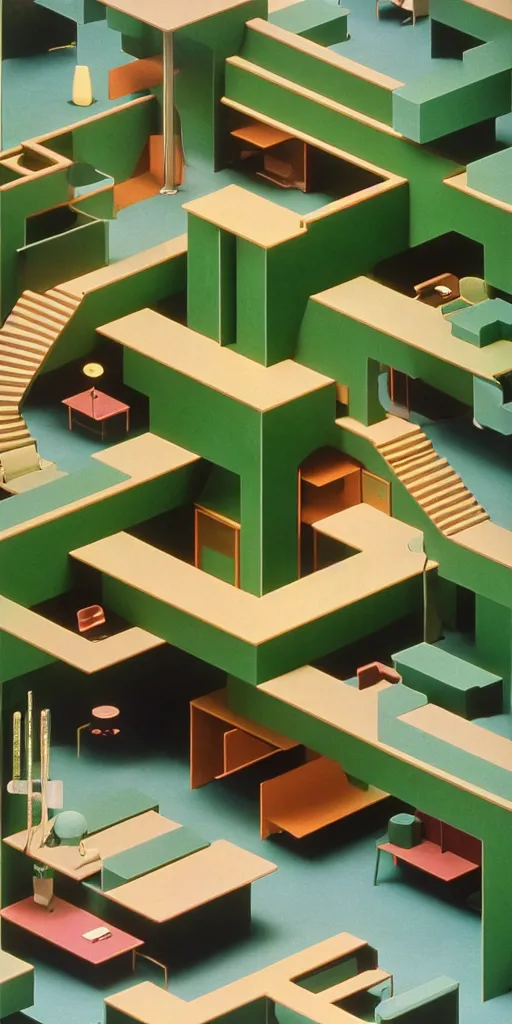 Image similar to huge sprawling gargantuan angular dimension of infinite indoor landscape 7 0 s green velvet and wood with metal office furniture. surrealism, mallsoft, vaporwave. muted colours, 7 0 s office furniture catalogue, shot from above, endless, neverending epic scale by escher and ricardo bofill