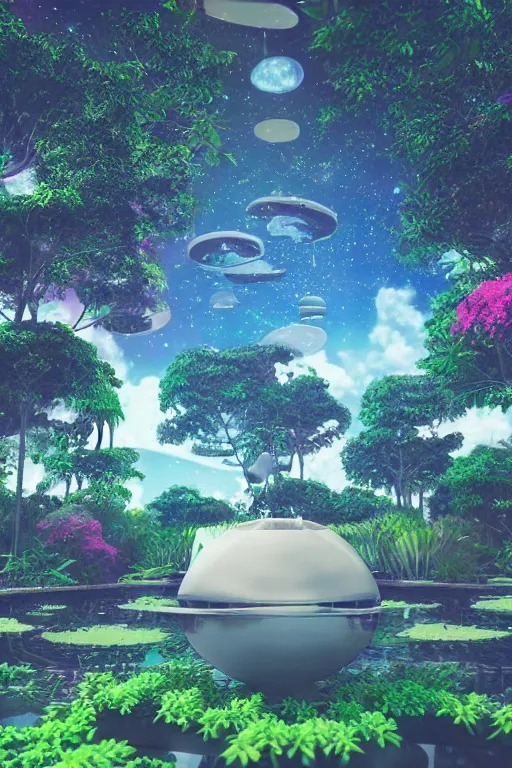 Image similar to multi level botanical garden spaceship floating in space, calm, tranquil, faded effect, detailed, vaporwave colors, render by substance designer