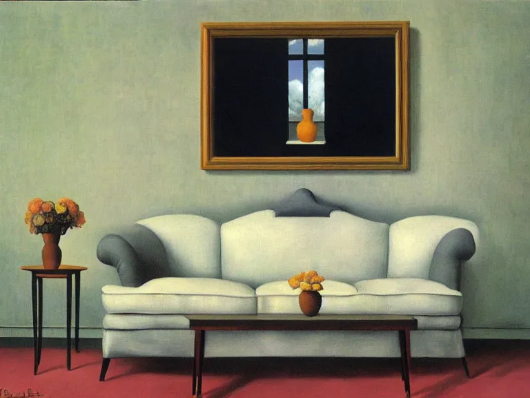 Prompt: cloudy living room, painting by rene magritte, centered, high detail, high resolution