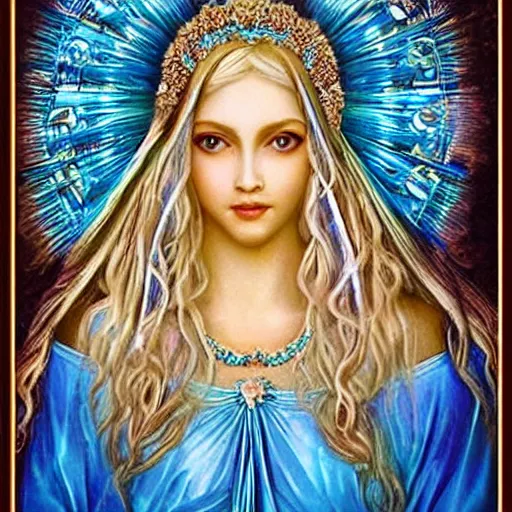 Image similar to goddess, mother god, beautiful, majestic, beautiful blue big eyes, long blond hair, dressed with white silk and head veil, goodness, love light life, grace, goodness, sweet, intelligent, sparkles of light on his head, blue sky