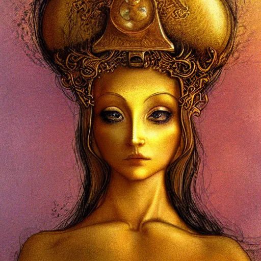 Prompt: brass woman, golden hour, illustration by Brian Froud and John Bauer, finger blend shading, vibrant, royal, symmetrical