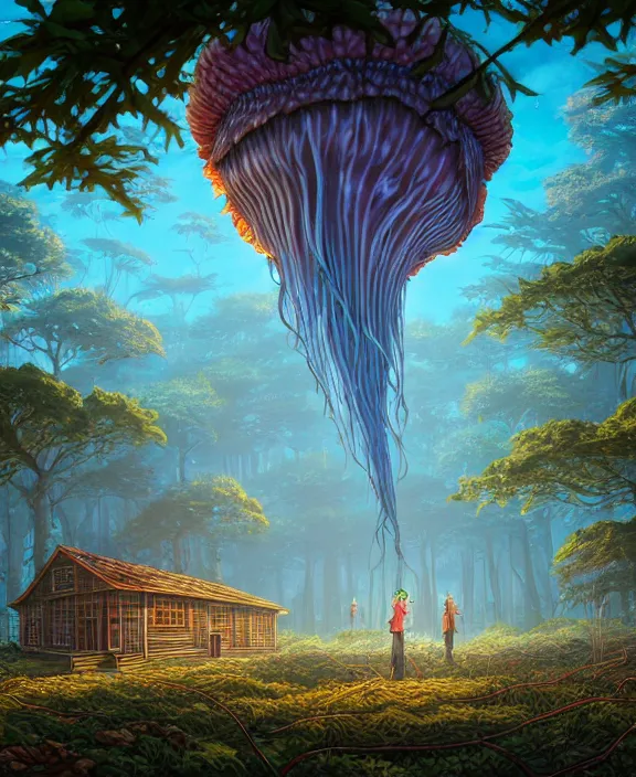 Image similar to a huge schoolhouse made from jellyfish, overgrown with huge exotic fungus, deep in the woods, noon, sun drenched, partly cloudy, by dan mumford, yusuke murata, makoto shinkai, ross tran, cinematic, unreal engine, cel shaded, featured on artstation, pixiv