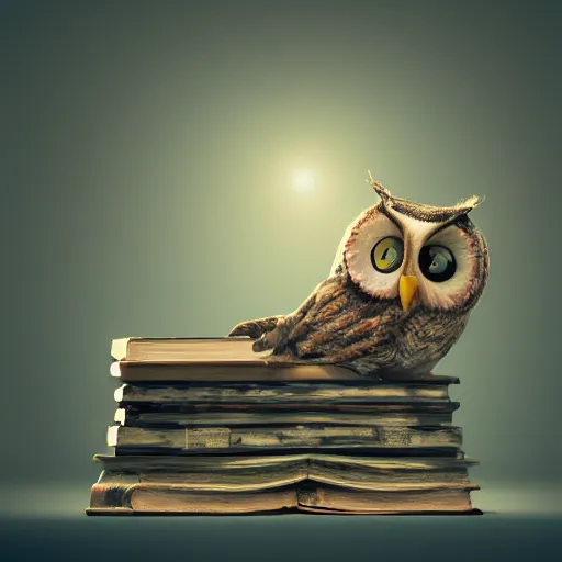 Image similar to long shot of a very cute plush and sleepy owl sitting on a pile of antique books, by naoto hatori, by yoshita amano, by esao andrews, fancy illustration hyperrealistic, big depth of field, fresh colors, moody evening light, 3 d octane render conceptart, 4 k, highly detailed, trending on artstation