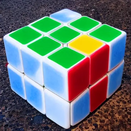 Prompt: a large block of ice with a rubiks cube inside it