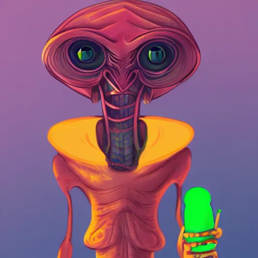 Prompt: Cute friendly portrait of an alien smoking weed, digital art, featured on artstation, fine details