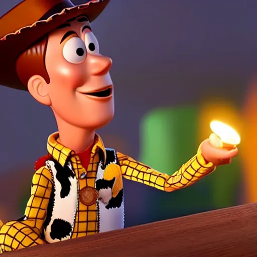Image similar to close up of woody from toy story melting buzz light year over a candle, cinematographic shot, cartoon