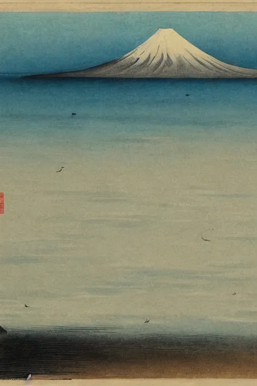 Prompt: seascape in the style of ancient japanese masters, on the shore a giant nose in the shape of mount fuji sniffing the sand in, dali