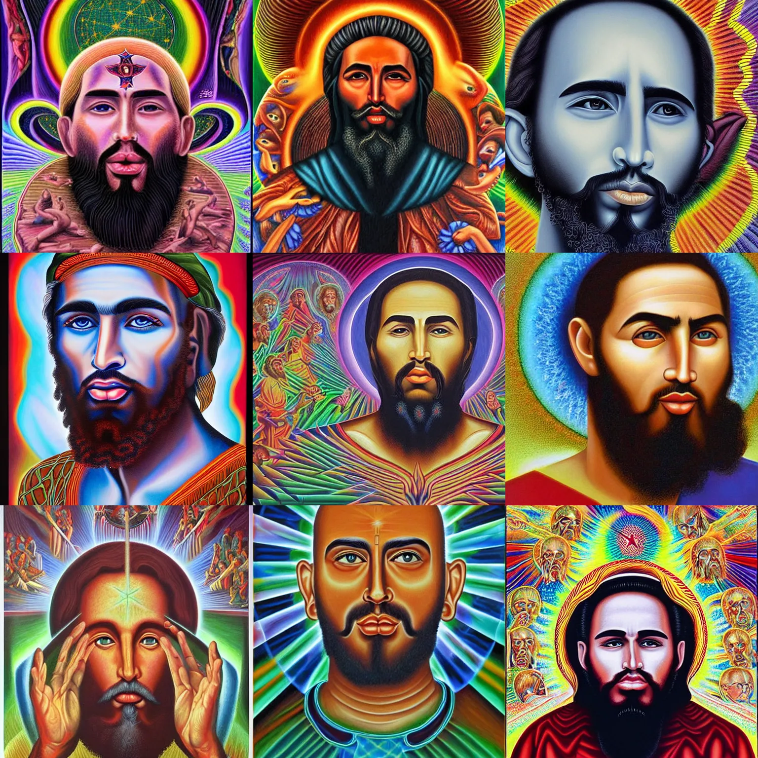 Prompt: young Fidel castro painting by alex grey in the style of cosmic christ by alex grey