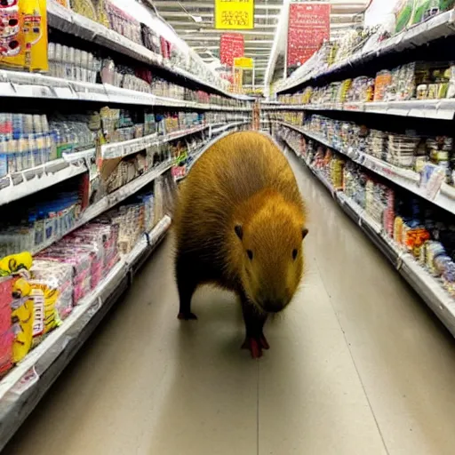 Prompt: a capybara ( flood ), huge amount of capybara! running down a target aisle