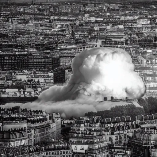 Image similar to photo of a nuclear explosion in paris, 8 k uhd, wide angle