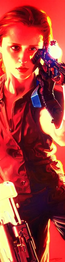Prompt: The Terminator holding a lollypop, sharp focus, intricate, elegant, digital painting, artstation, matte, highly detailed, concept art, illustration, volumetric lighting, red blue color scheme, art by artgerm, Alphonse mucha, and Greg Rutkowski