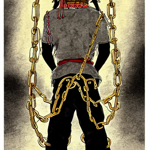 Image similar to A FULL BODY PORTRAIT FROM BEHIND OF MADARA UCHICHA ,THE MAN KEEPS A KUSARIGAMA AND IT IS WRAPPED IN CHAINS ,detailed, concept art, ink style , sketch