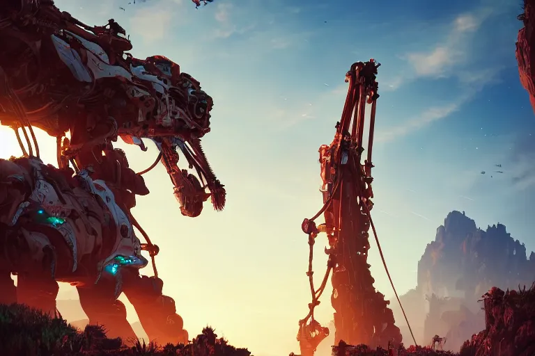 Image similar to tallneck machine mecanical creature robot of horizon forbidden west horizon zero dawn radiating a glowing aura global illumination ray tracing hdr fanart arstation by ian pesty and alena aenami artworks in 4 k