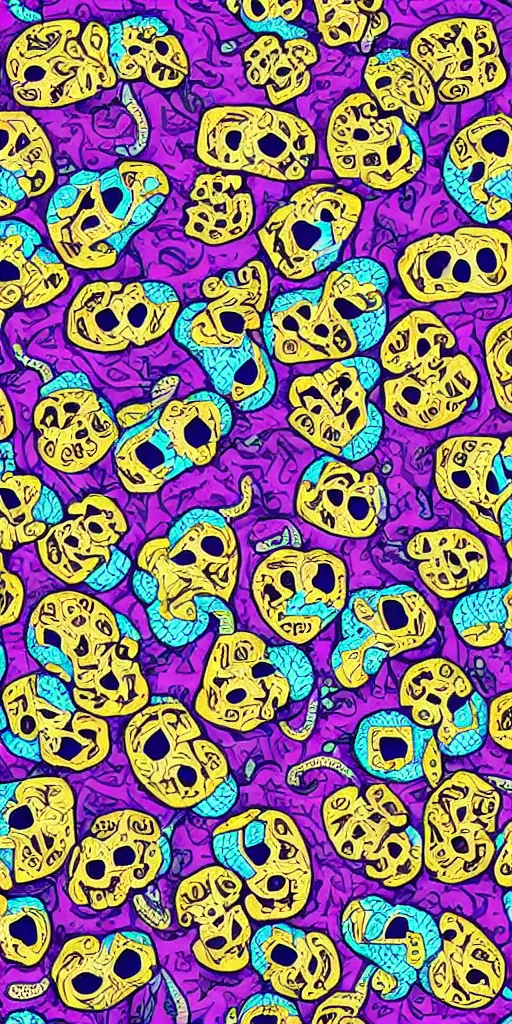 Image similar to seamless pattern of skulls and snakes, colourful, symmetrical, repeating 35mm photography