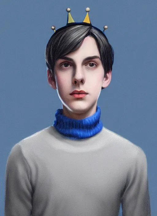 Image similar to portrait of teenage jughead jones wearing a light grey crown, crown, blue turtleneck, 1 9 5 0 s, closed eyes, photorealistic, black hair, glowing lighting, intricate, elegant, glowing lights, highly detailed, digital painting, artstation, concept art, smooth, sharp focus, illustration, art by wlop, mars ravelo and greg rutkowski