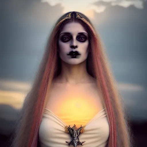 Image similar to photographic portrait of a stunningly beautiful gothic hermetic order of the golden dawn female in soft dreamy light at sunset, contemporary fashion shoot, by edward robert hughes, annie leibovitz and steve mccurry, david lazar, jimmy nelsson, breathtaking, 8 k resolution, extremely detailed, beautiful, establishing shot, artistic, hyperrealistic, beautiful face, octane render