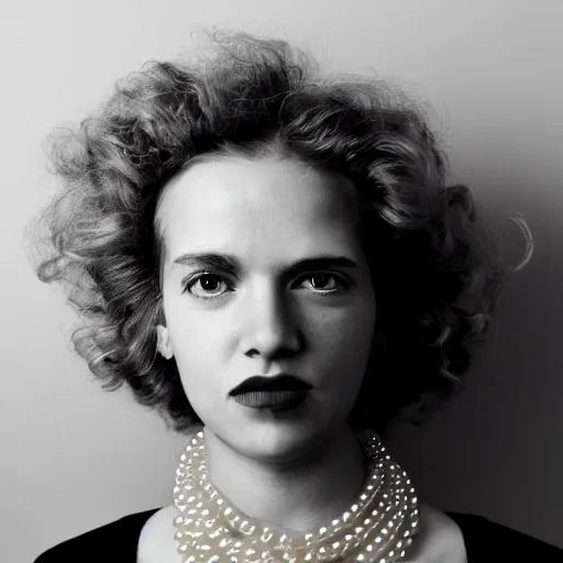 Prompt: symmetrical human portrait of lisa simpson with blonde curly hair, grainy high contrast black and white photography photo print ilford warm tone, she is wearing a delicate pearl necklace