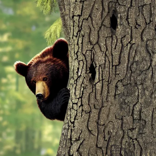 Prompt: bear hiding in a tree, realistic