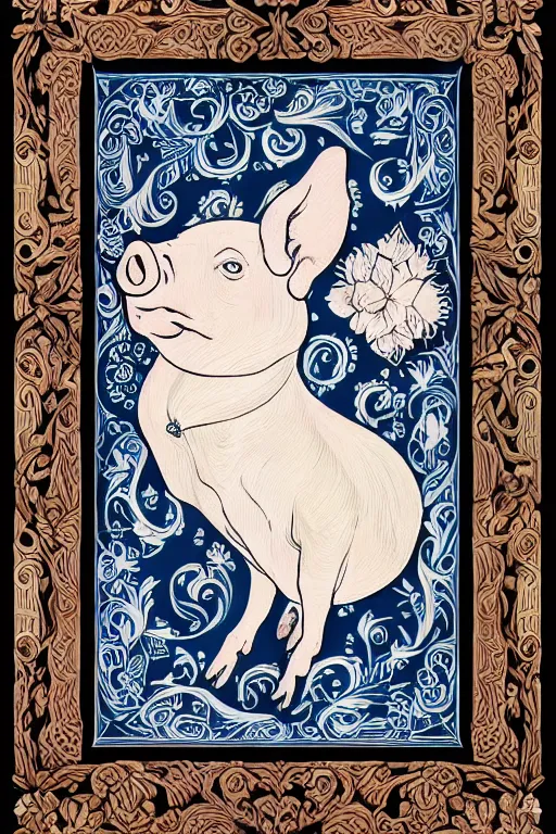 Prompt: Painted dark-wood panel relief carving of a Flowerpunk Piglet, White and pale blue toned, ornate border frame, explosion of colorful flowers, dark wood, intricately carved, black ink, festival of rich colors, intricate details, cinematic lighting, volumetric lighting, post-processing, art nouveau, tarot, fractal art, mandala, by andreas rocha and john howe, and Martin Johnson Heade, featured on artstation, featured on behance, golden ratio, hyper detailed, photorealistic, epic composition, center spotlight, f32, well composed, symmetrical, UE5, 8k