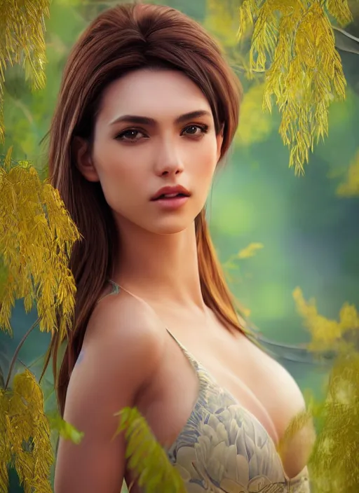 Image similar to photo of a gorgeous female in the style of stefan kostic, realistic, half body shot, sharp focus, 8 k high definition, insanely detailed, intricate, elegant, art by stanley lau and artgerm, extreme bokeh foliage