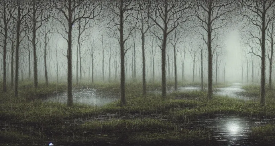 Image similar to A dense and dark enchanted forest with a swamp, by lee madgwick