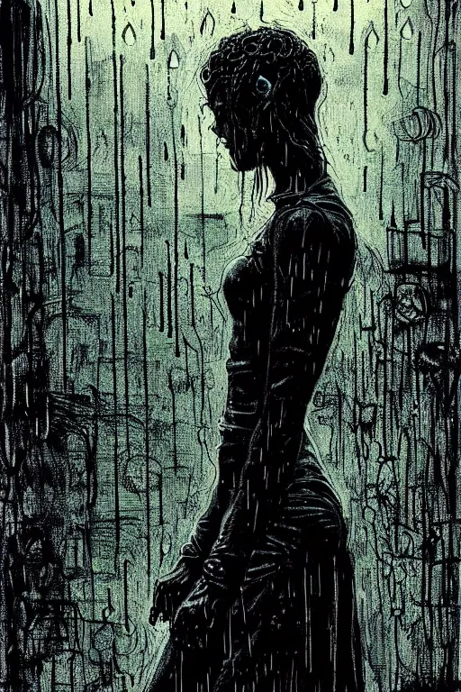 Image similar to dreamy gothic girl, black leather slim clothes, chains, strong rain night, beautiful body, detailed acrylic, grunge, intricate complexity, by dan mumford and by alberto giacometti, peter lindbergh