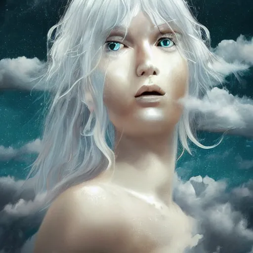 Prompt: a colossal goddess is looking on us from above, creative, albino skin, giant, digital art, photo manipulation, clouds, covered in clouds, covered by clouds, white hair, digital painting, artstation