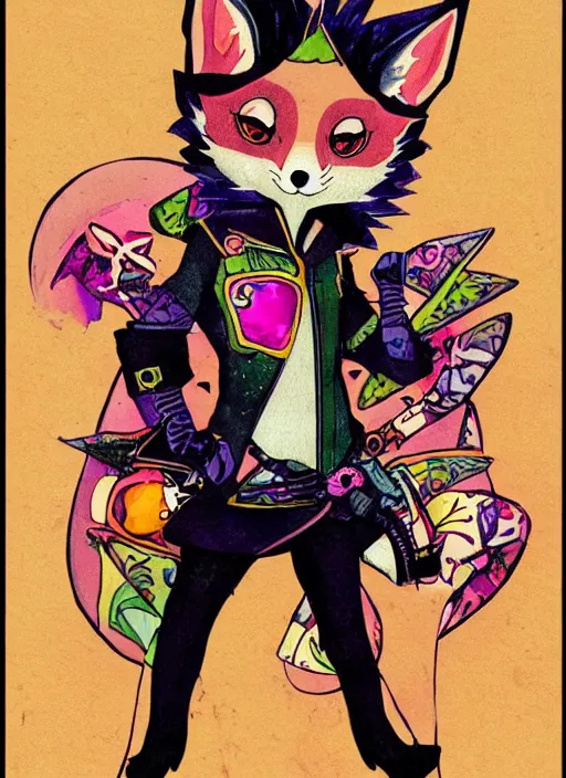 Image similar to A vintage painted illustration of an adorable chibi rogue fox anime guy in the style of Lisa Frank Babs Tarr Hantine Hsu sitting in a couture leather and spike vest that has skulls on it