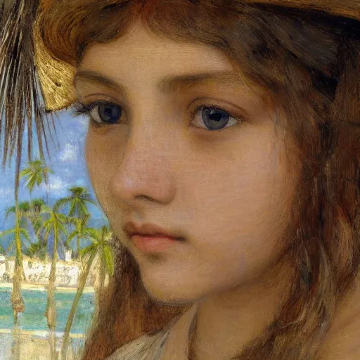 Image similar to a ultradetailed beautiful painting of a girl in the amazonas palace balustrade designed by jules bastien - lepage, tarsila do amaral, frank weston and gustave baumann, beach, trending on artstation, mediterranean, palm trees, hyper detailed face, sharp focus, soft light, 8 k 4 k