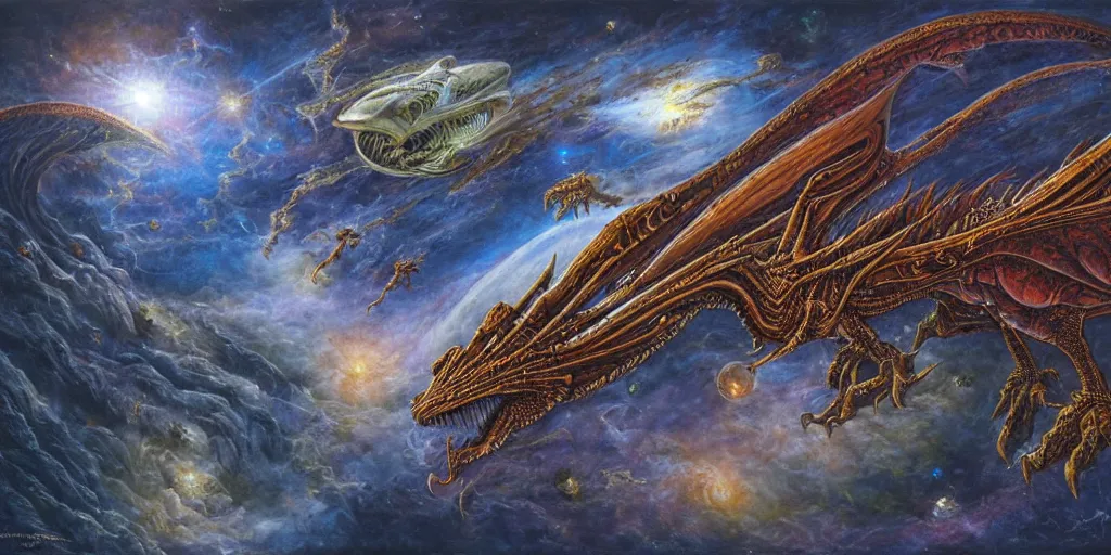 Prompt: an alien dragon flying in outer space, Dan Seagrave art