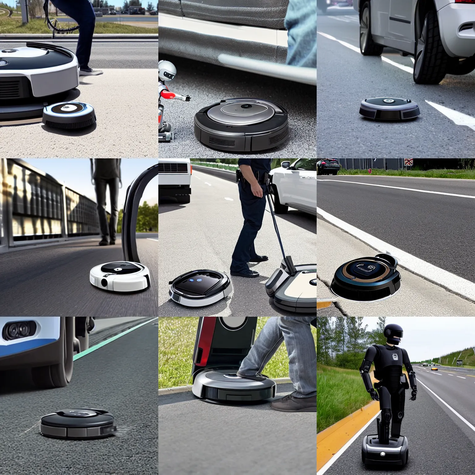 Prompt: robocop pulling over a roomba for speeding on the freeway