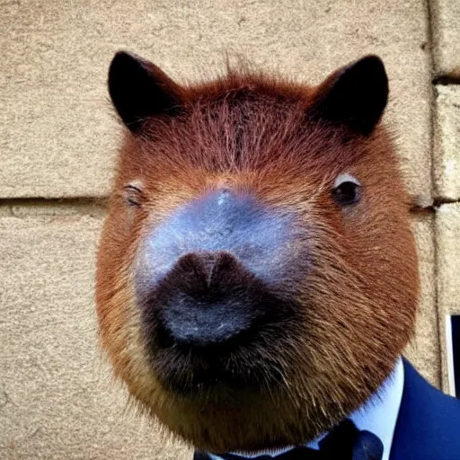 Image similar to capybara head, a man wearing a suit capybara head