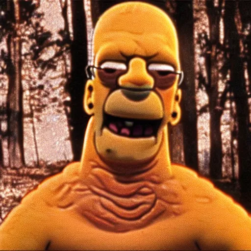 Prompt: a still of homer simpson in evil dead ( 1 9 8 1 )