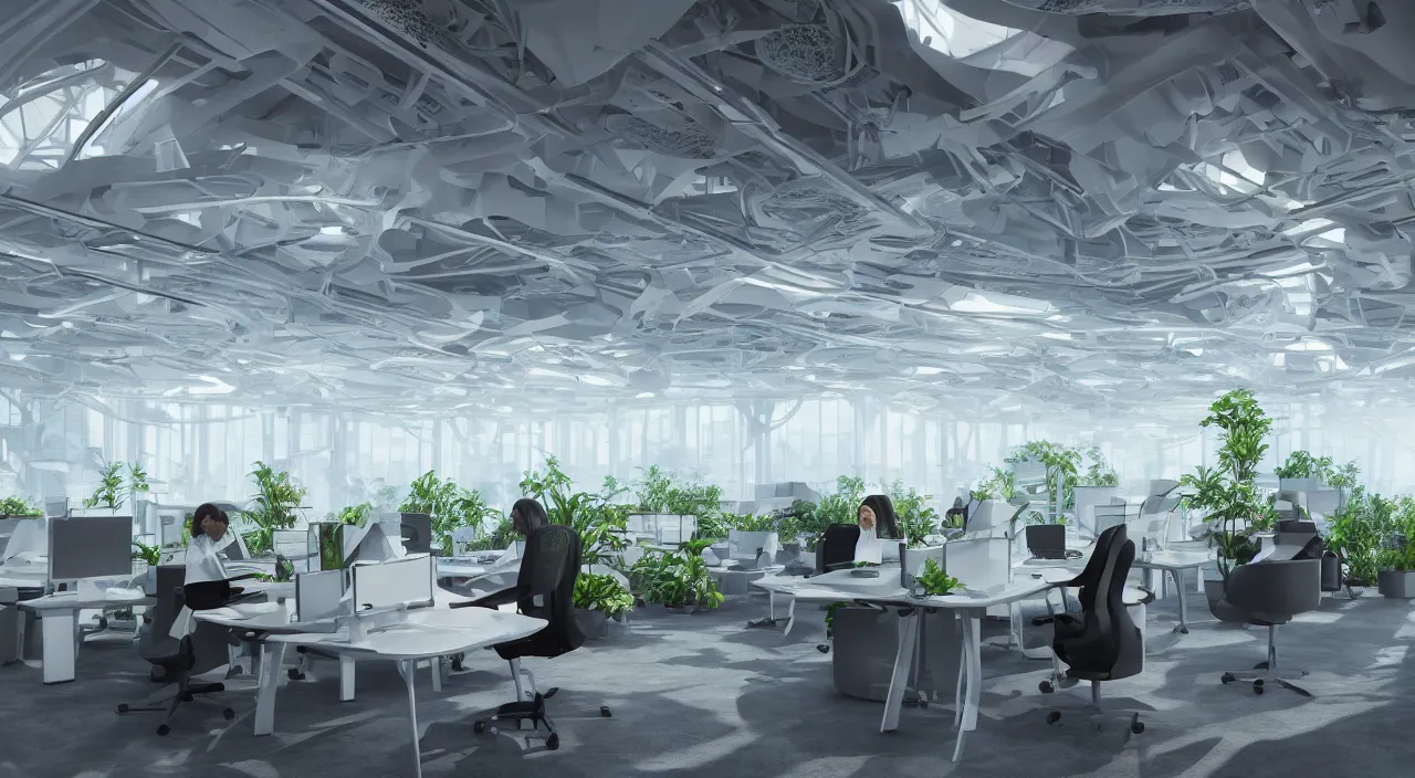 Image similar to futuristic open office with parks and plants, glowing computer screens, made with glossy white plastic and large windows and voluminous light and light rays, extremely intricate, very detailed, artstation, octane render, warm color highlights, cinematic lighting