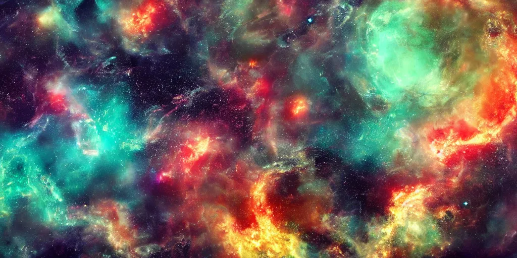 Image similar to painting of sea creatures swimming through space, sea turtles, sting rays whales, colorful nebulas, planets, 8 k resolution in the style of artem demura, jisu
